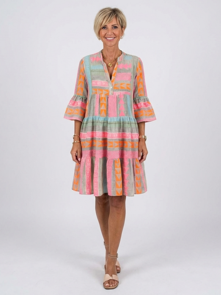 Brindley London | Geometric Print V Neck Tiered Knee Length Dress