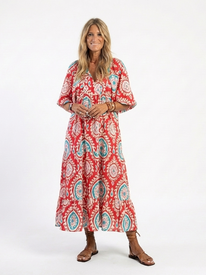 Brindley London | Paisley Print V Neck Short Sleeve Midi Dress