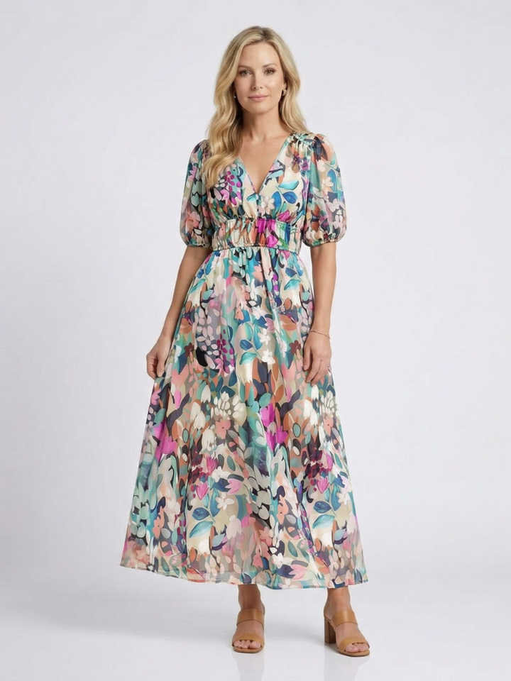 Brindley London | V Neck Short Sleeve Gathered Waist Midi Dress