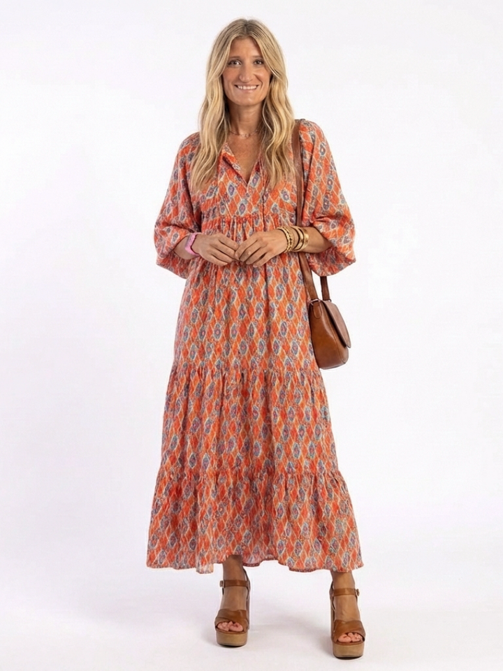 Brindley London | Geometric Print V Neck Tiered Midi Dress