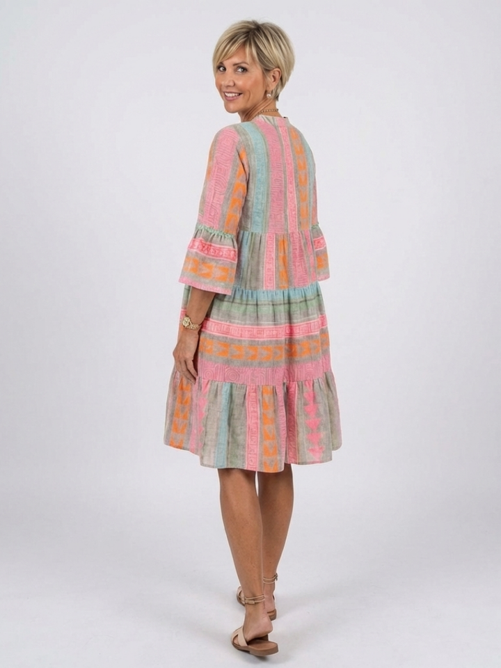 Brindley London | Geometric Print V Neck Tiered Knee Length Dress