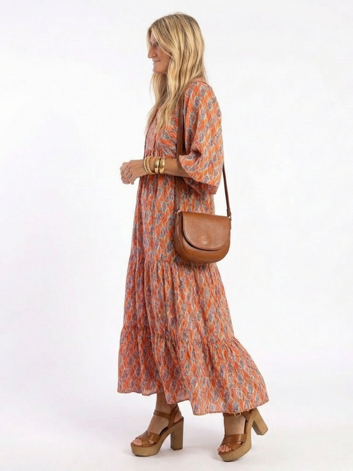 Brindley London | Geometric Print V Neck Tiered Midi Dress