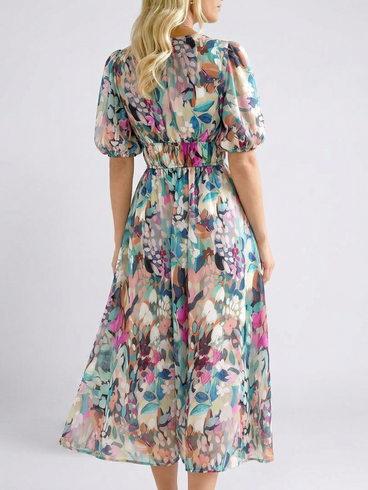 Brindley London | V Neck Short Sleeve Gathered Waist Midi Dress