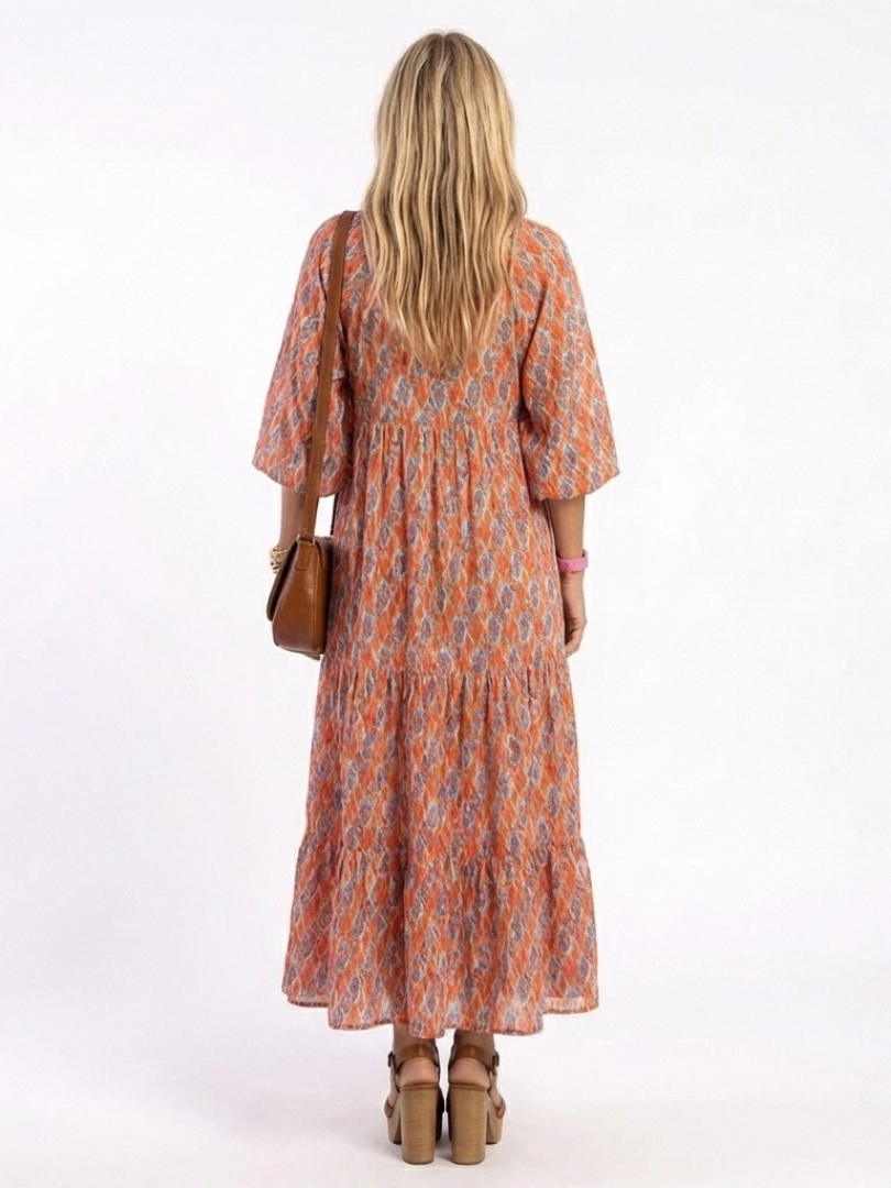 Brindley London | Geometric Print V Neck Tiered Midi Dress