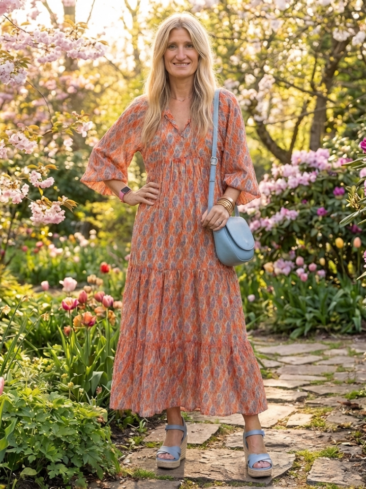 Brindley London | Geometric Print V Neck Tiered Midi Dress