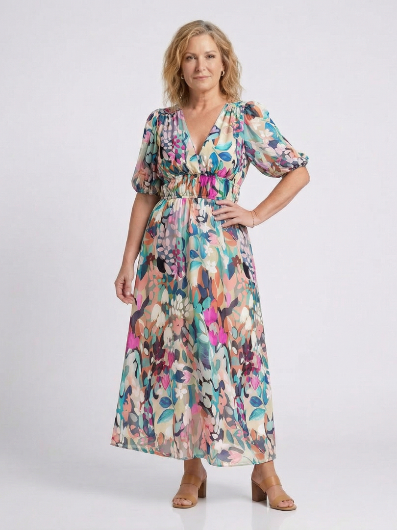 Brindley London | V Neck Short Sleeve Gathered Waist Midi Dress