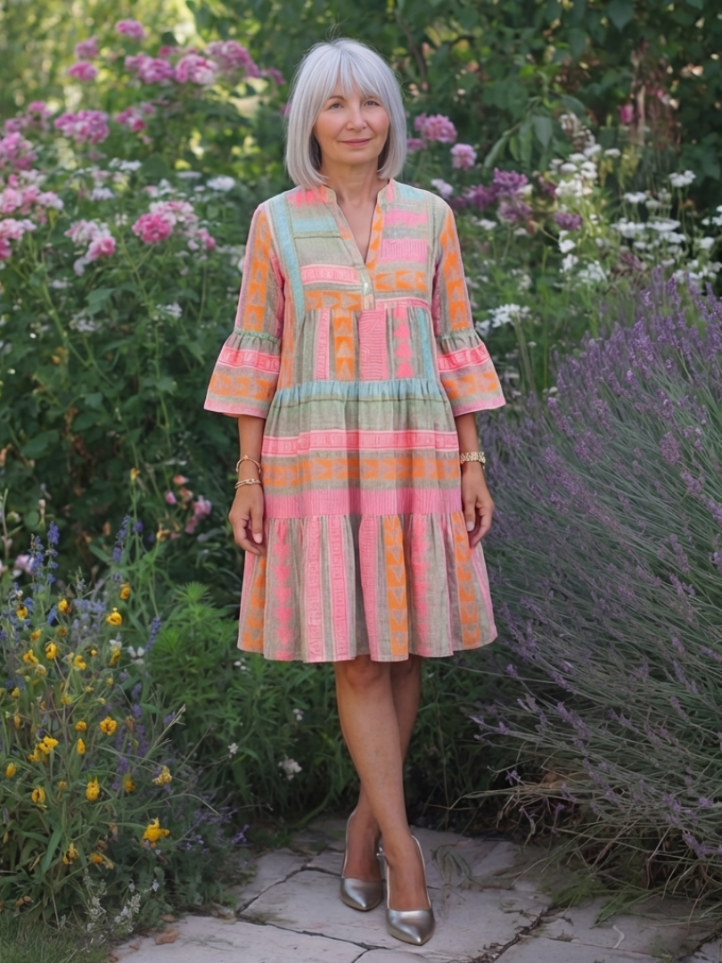 Brindley London | Geometric Print V Neck Tiered Knee Length Dress