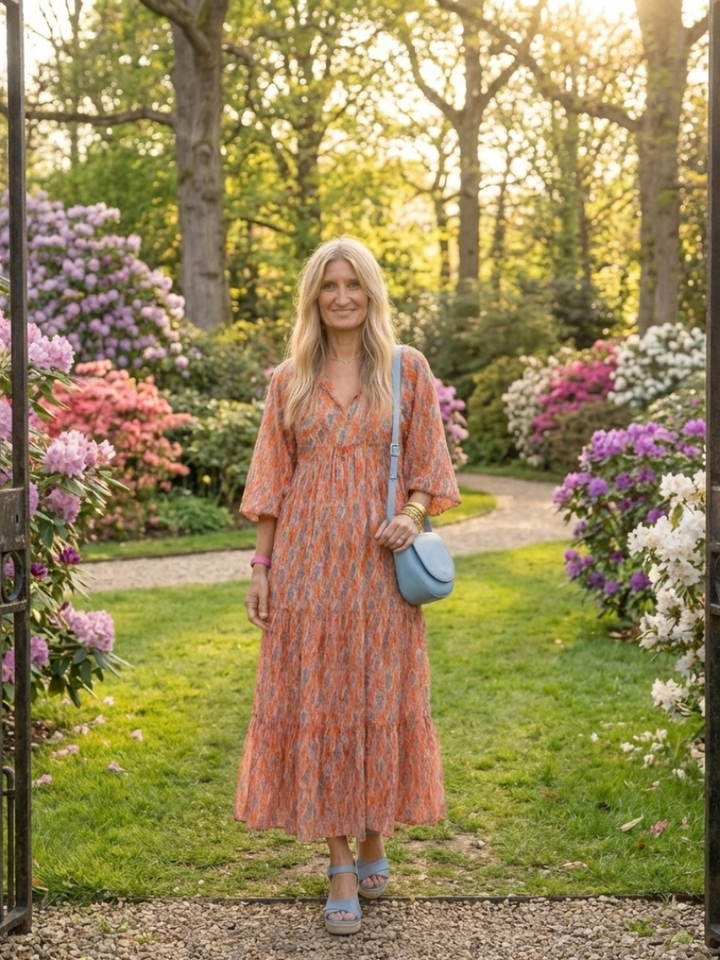 Brindley London | Geometric Print V Neck Tiered Midi Dress
