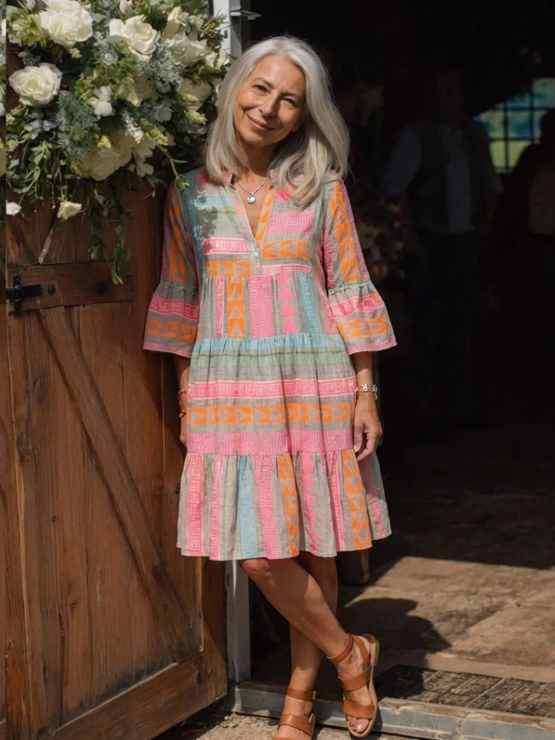 Brindley London | Geometric Print V Neck Tiered Knee Length Dress