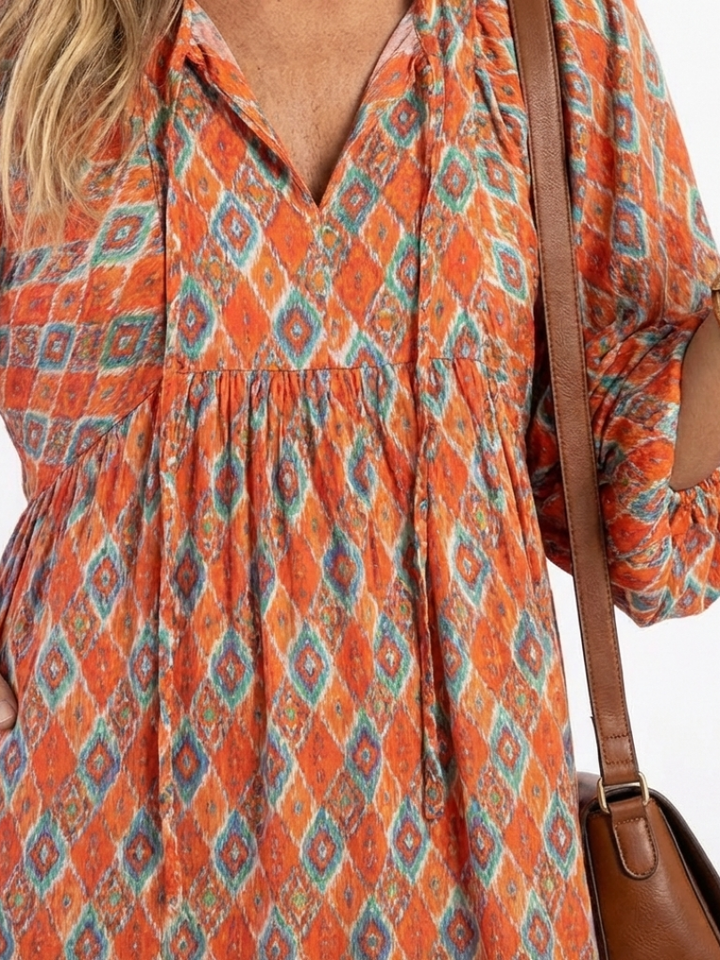 Brindley London | Geometric Print V Neck Tiered Midi Dress