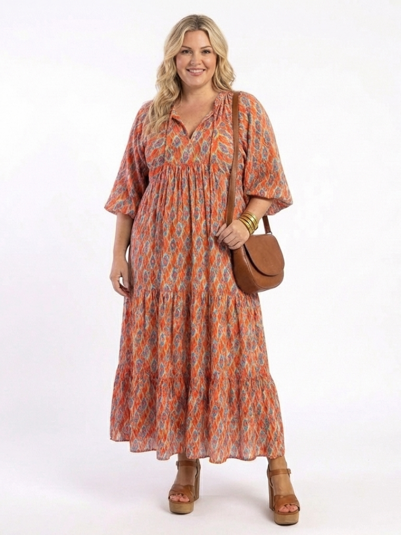 Brindley London | Geometric Print V Neck Tiered Midi Dress