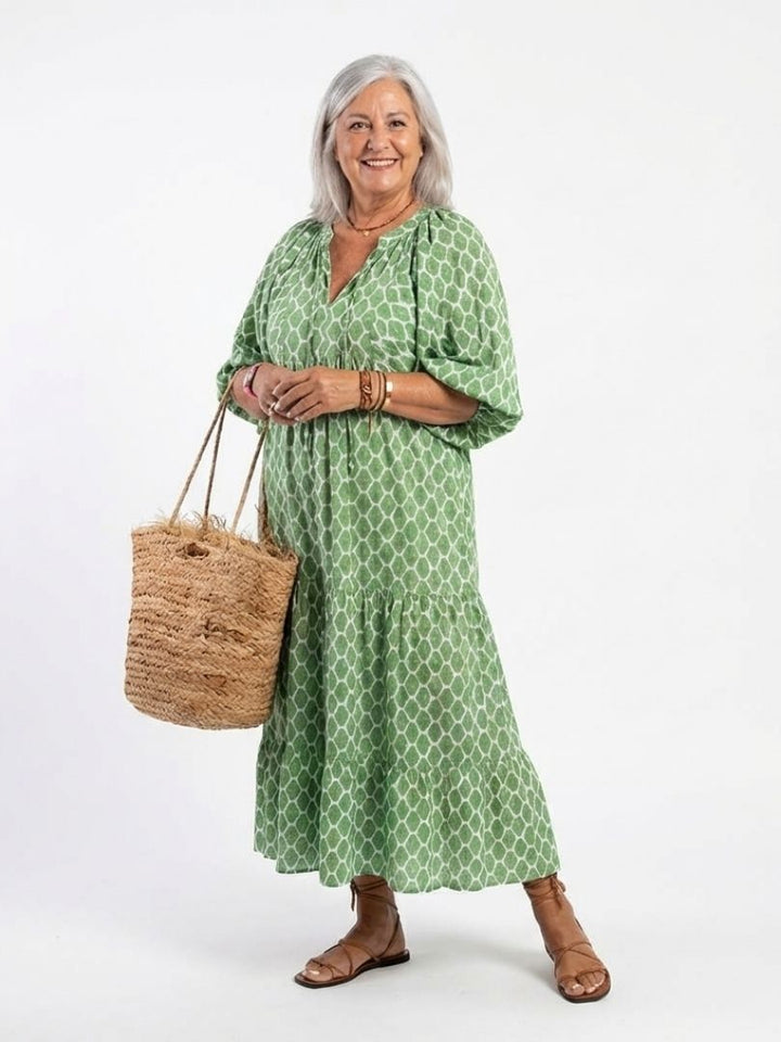 Brindley London | Three Quarter Sleeve V Neck Patterned Midi Dress