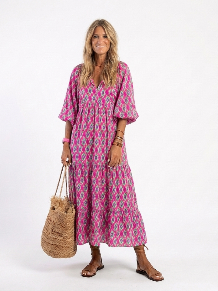 Brindley London | Three Quarter Sleeve V Neck Patterned Midi Dress