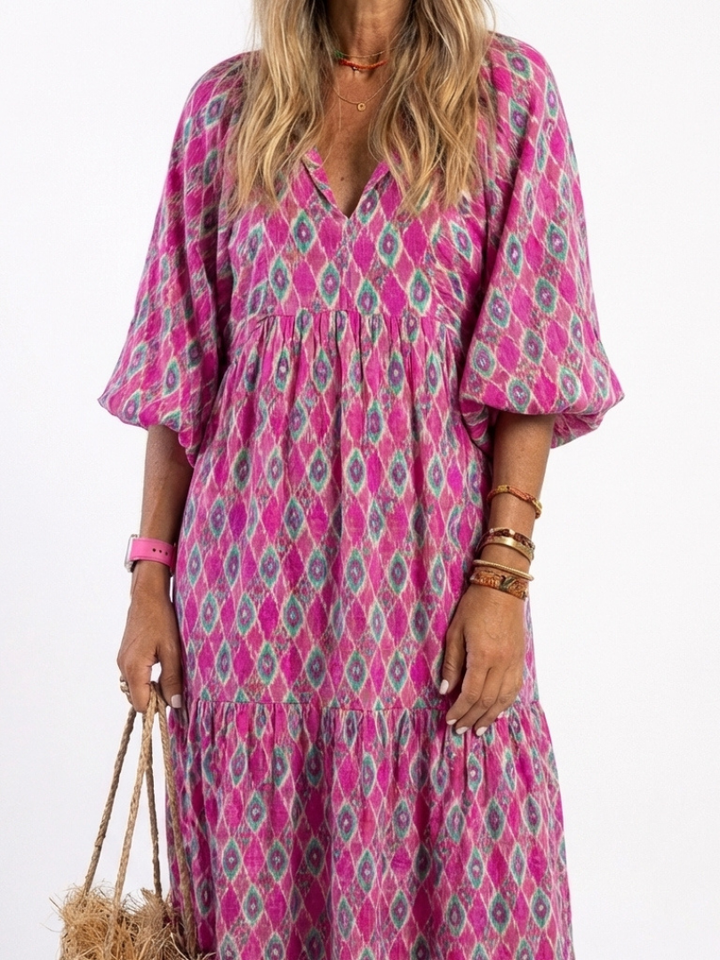 Brindley London | Three Quarter Sleeve V Neck Patterned Midi Dress