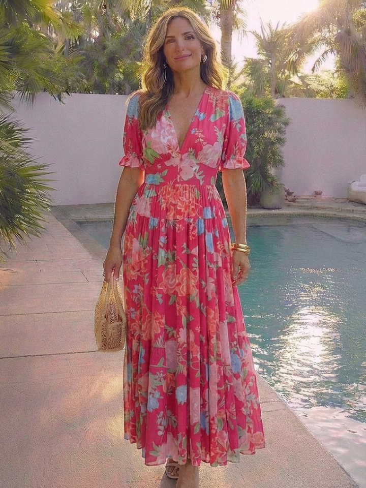 Brindley London | Short Sleeve V Neck Floral Midi Dress