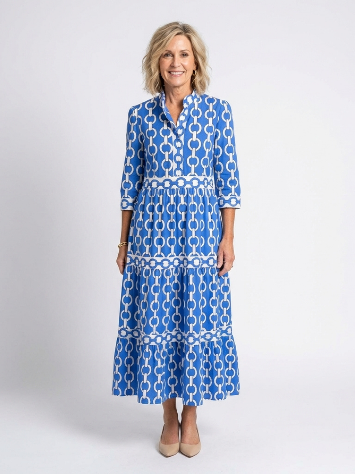 Brindley London | Three Quarter Sleeve Chain Pattern Midi Dress