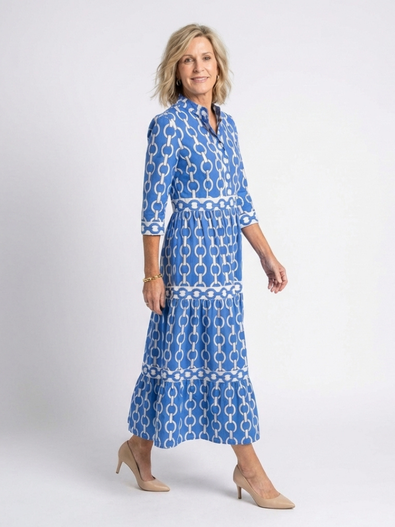 Brindley London | Three Quarter Sleeve Chain Pattern Midi Dress