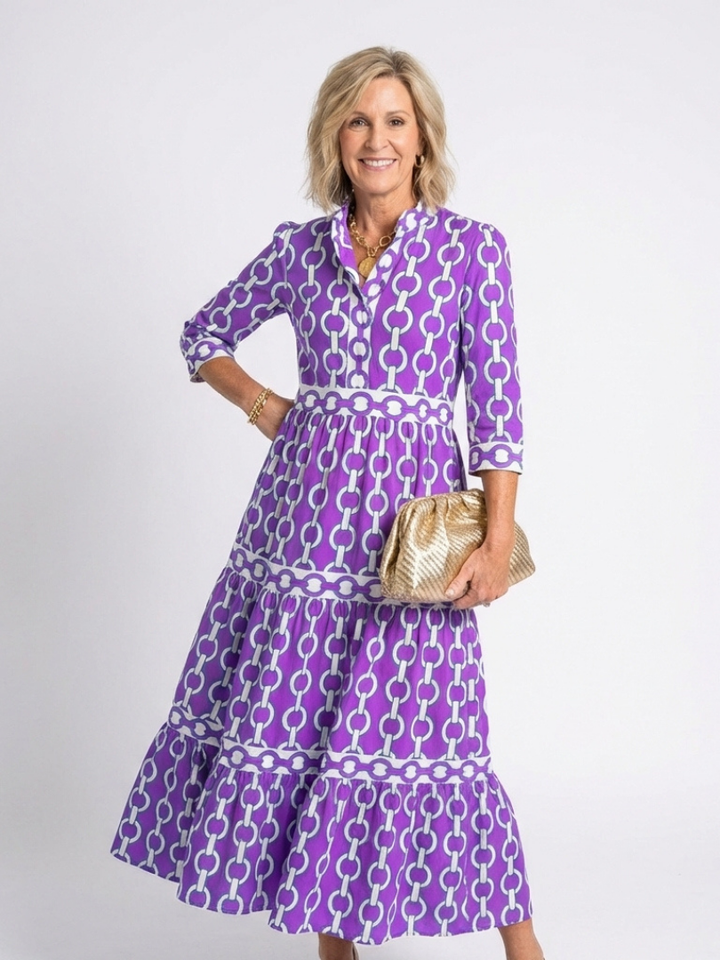 Brindley London | Three Quarter Sleeve Chain Pattern Midi Dress
