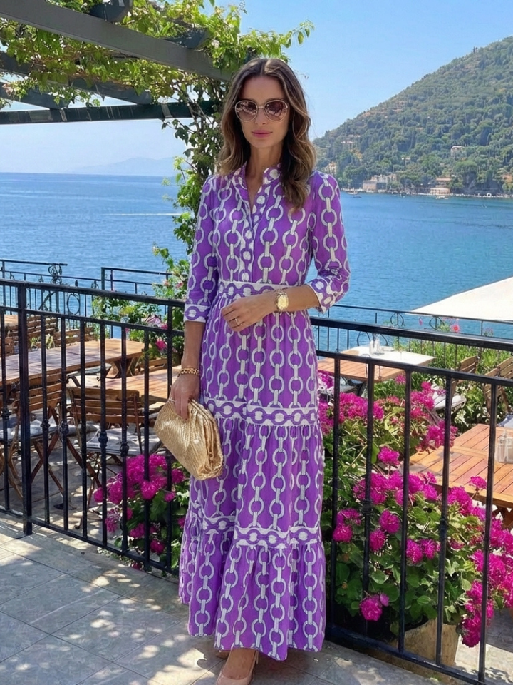 Brindley London | Three Quarter Sleeve Chain Pattern Midi Dress
